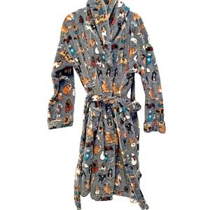 Vera Bradley Women's 2X/3X  Hooded Fleece Tie Robe Grey Holiday Dog Show